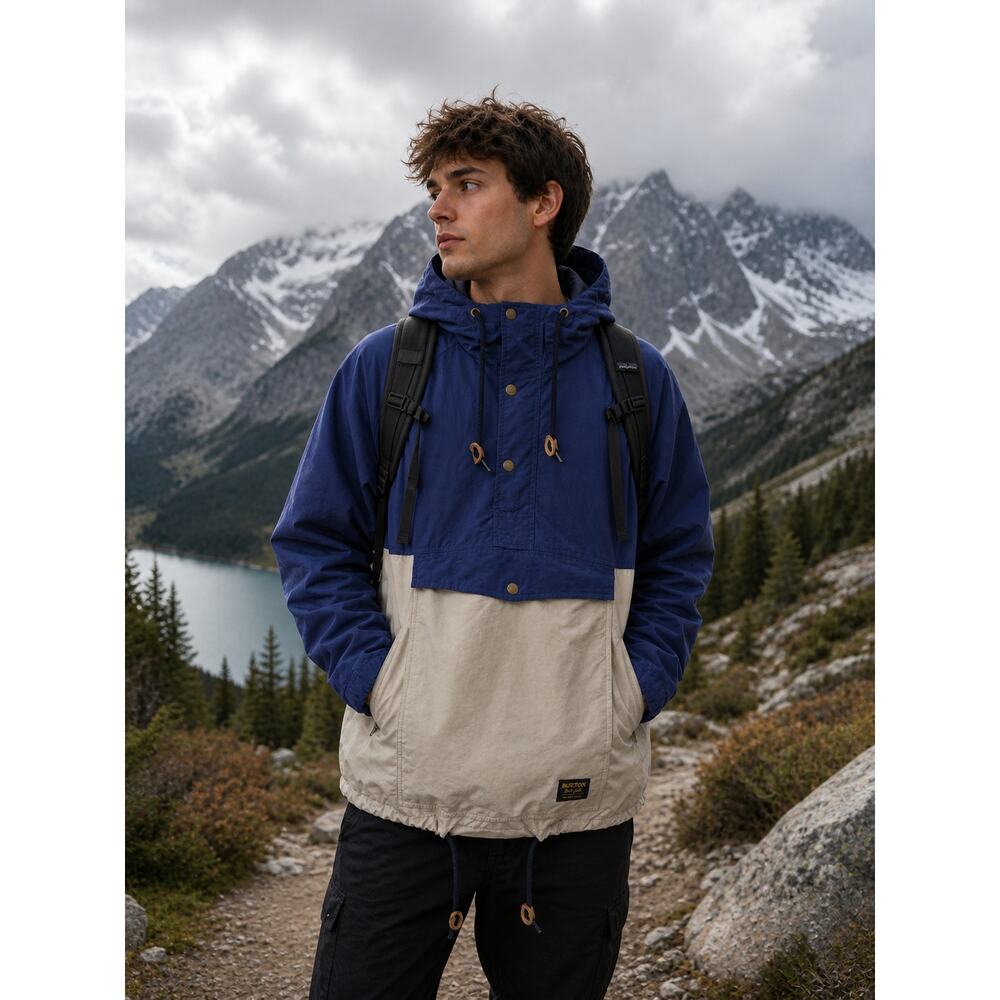 Burton Anorak Jacket Mens‎ L Blue Beige Windbreaker Outdoor Lightweight Hooded